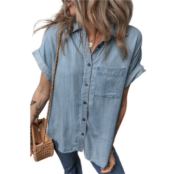 💙 Dusk Blue Rolled Sleeve Denim Button-Up Shirt – Size M - Picture 3 of 8